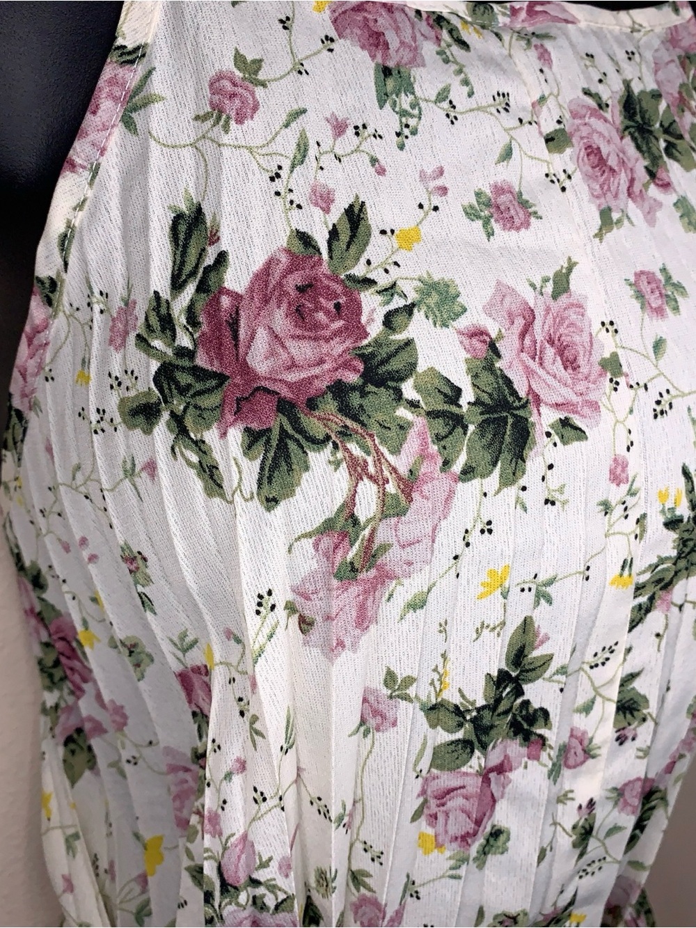 Ivory White Pink Rose Floral Pleated Tunic Blouse Square Neckline Size 6 - Picture 4 of 15